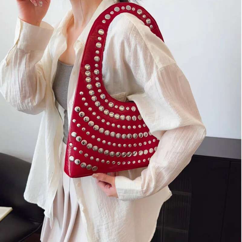 Heavy Tide U-Shaped Underarm Punk Style Fashion Women Casual Personality Cool Polka Rivet Portable Bucket Bag