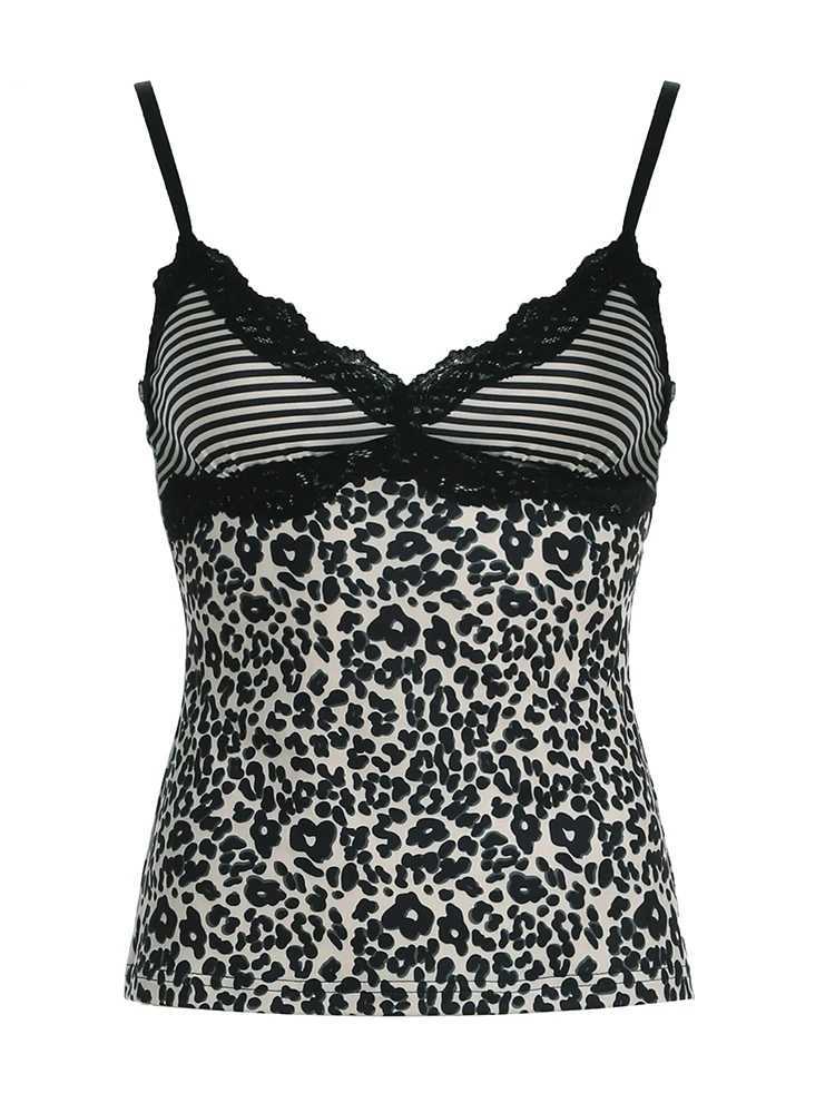 Rockmore Leopard Print Camisole Coquette Lace Frill V-neck Crop Top for Women Sexy Backless Y2K Vintage Stripe Patchwork Vest M250513