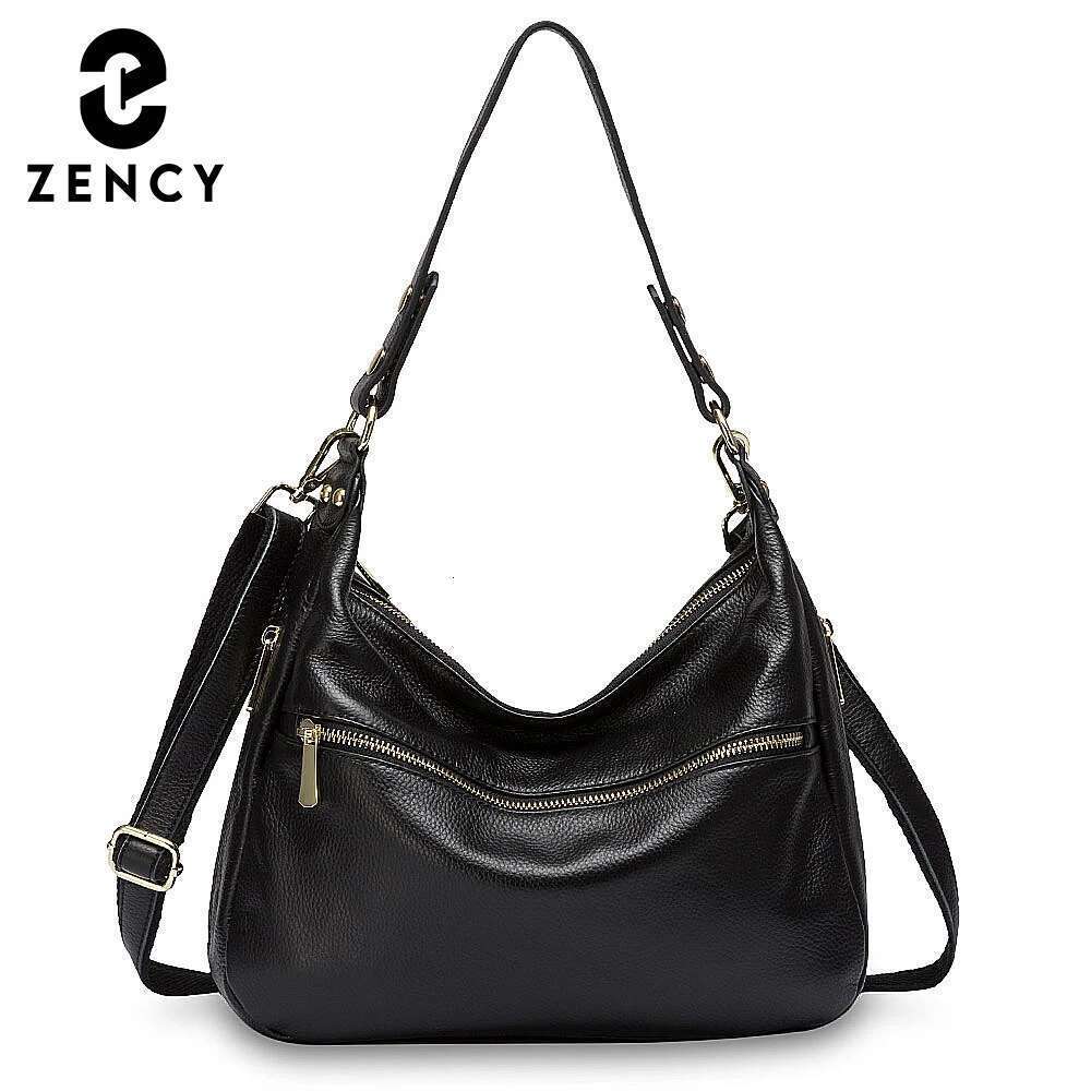 Zency Shoulder Bag For Women 100% Genuine Leather Tote Handbag Large Capacity Hobos Fashion Lady Crossbody Purse Black Red