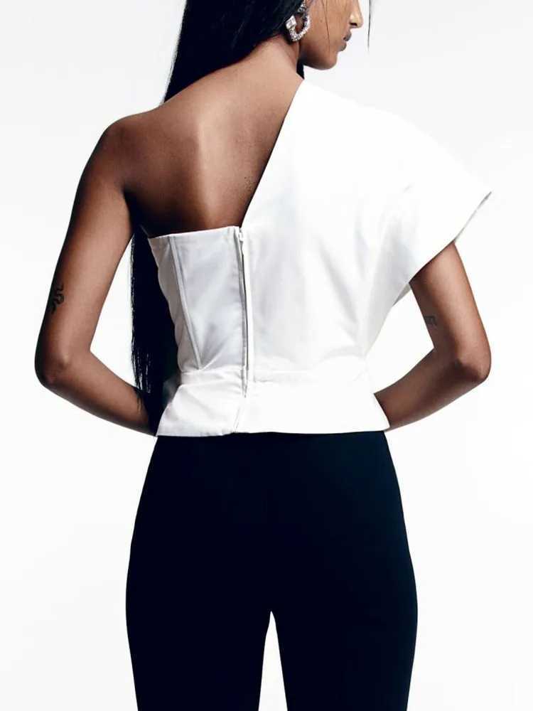 TWOTWINSTYLE Patchwork Bow Vest For Women Diagonal Collar Sleeveless Tunic Solid Chic Sexy Streetwear Tank Top Female Fashion M250513