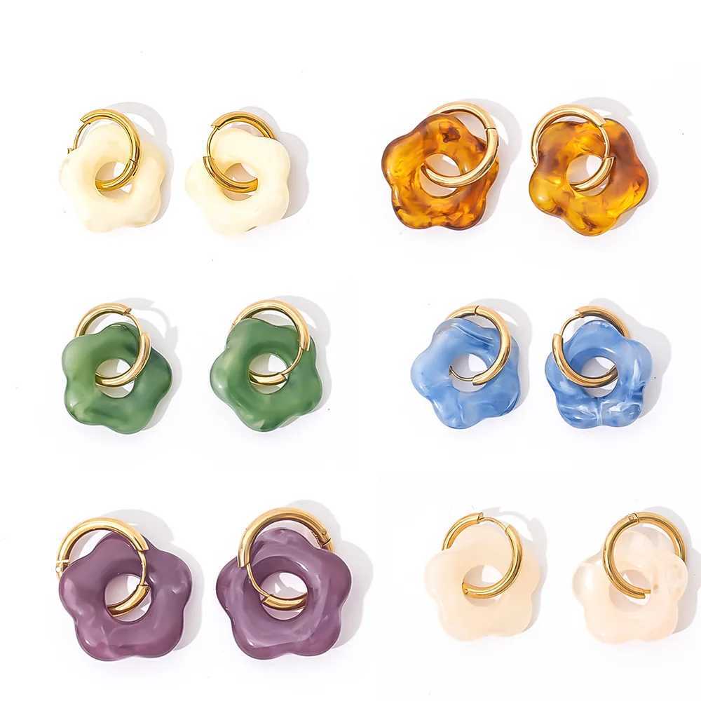 Fashion Temperament Vintage Resin Flower Dangle Earrings for Women Elegant Stainless Steel Hoop Earring Female Jewelry Gift Y250510
