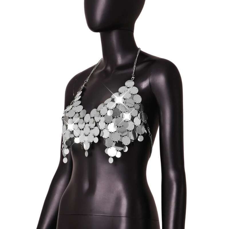 Metallic Sequins Tassels Halter Bikinis Bras Crop Top for Women Party Nightclub Body Chain Jewelry Accessories