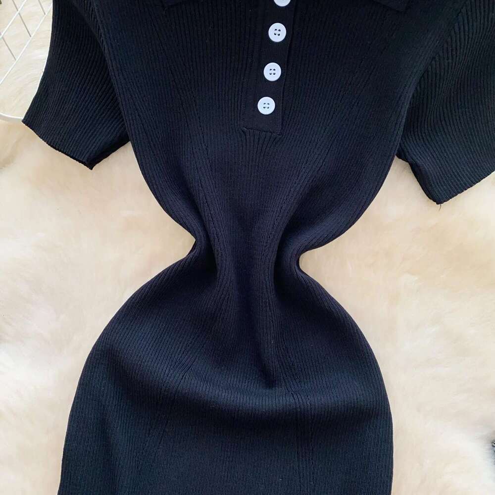 REALEFT Vintage Summer Polo Collar Women's Knitted 2025 New Short Sleeve Buttons Casual Sheath Wrap Knitwear Dress Female