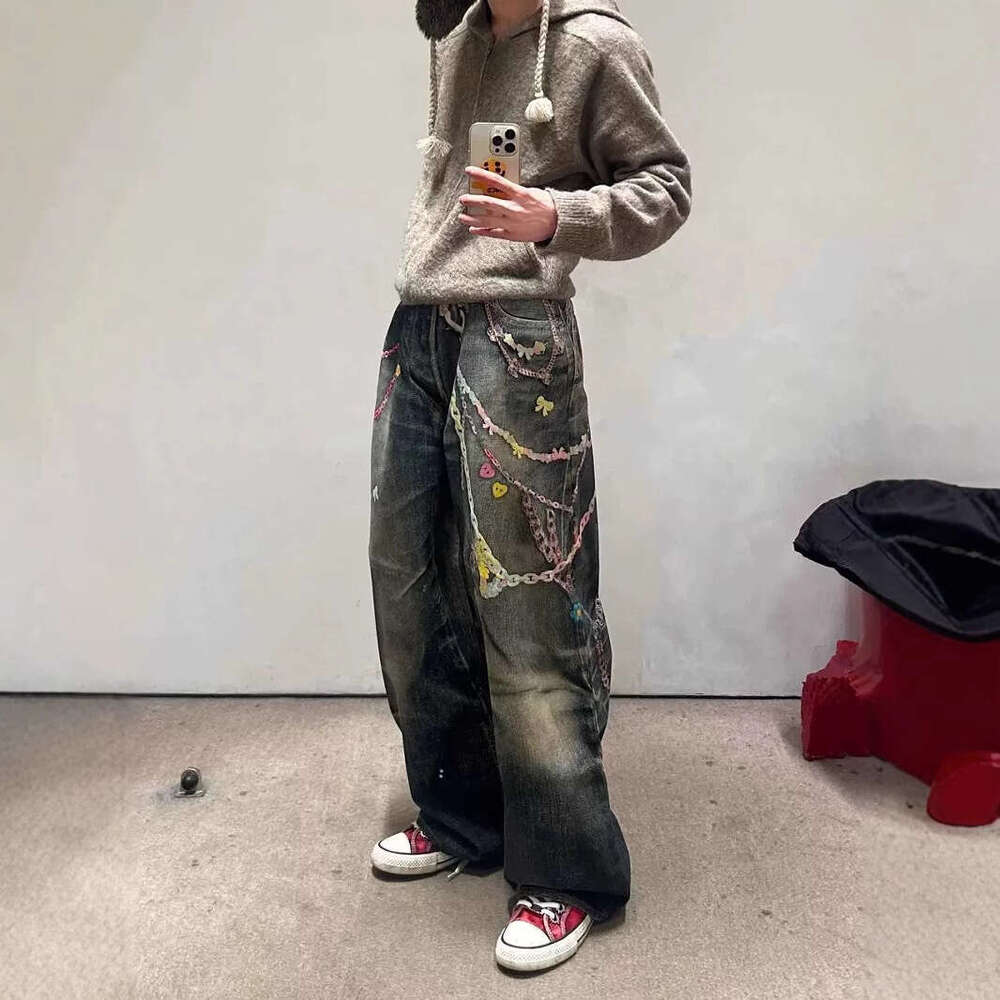 Jimo AC Spring New 3D Digital Printing Color Chain American Jeans Men and Women Same Style Curved Knife Pants