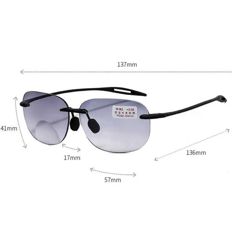 Fashion Ultralight Bifocal Glasses Trendy Anti-blue Near and Far Reading Glasses Sqaure Rimless UV400 Sunglasses for Men Women W250513