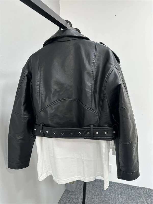 2024 RARF Women's washed leather belt, short coat with downgraded zipper and vintage lapel, e jacket