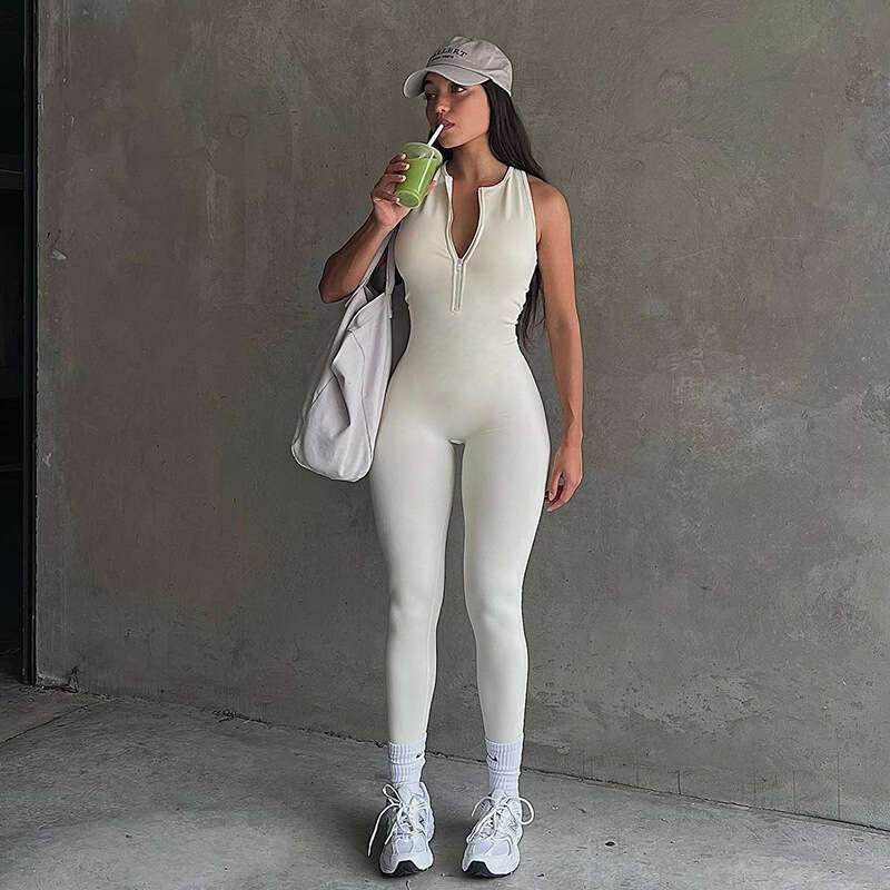 Fashionable Sporty Women's Solid Color Yoga Pants With Zipper Splicing And Hollowed Out Backless Tight Sleeveless Jumpsuit B5