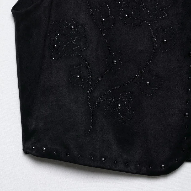 Women Fashion Black Shiny Beads Waistcoat Open Stitch Sleeveless Armholes Cropped Vest Coat High Street Female Tops 250506