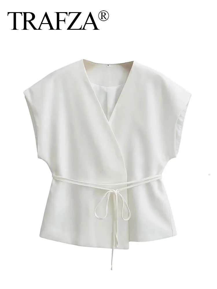 TTRAFZA Women Vintage Solid Vest With Lace Up Sleeveless V Neck Shirt Summer Female Casual Commuting Chic Top Blouse 250506
