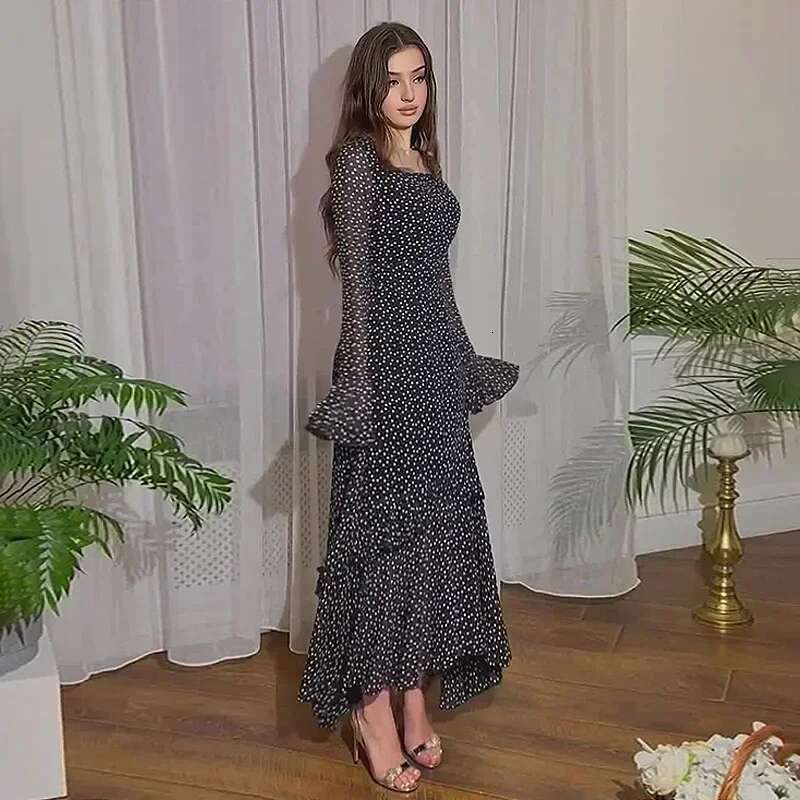 Eid Muslim Party Women Polka Dot Ramadan Chiffon Long Dress Belt Morocco Kaftan Vestidos Largos Dubai Robe Jalabiya