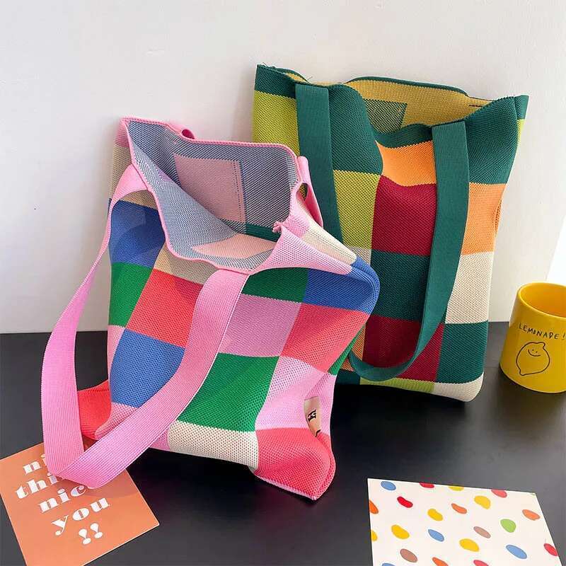 Rainbow Checkerboard Handbag Women's Handmade Knitted Woolen Bucket Japanese Casual Tote Bag Reusable Shopping Bags New