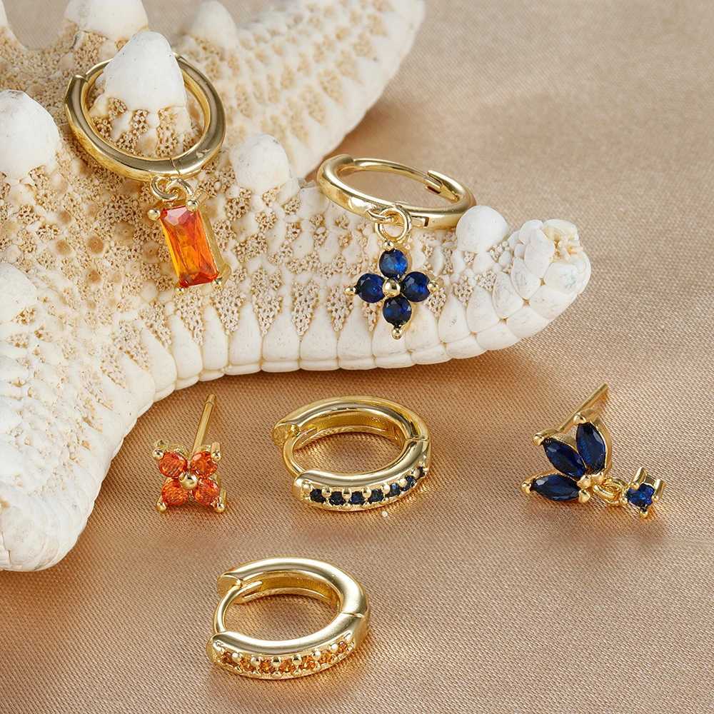 3PCS Fashion Orange Blue Zircon Hanging Earrings Set for Women Stainless Steel Flower Dangle Earring Piercing Jewelry Y250510