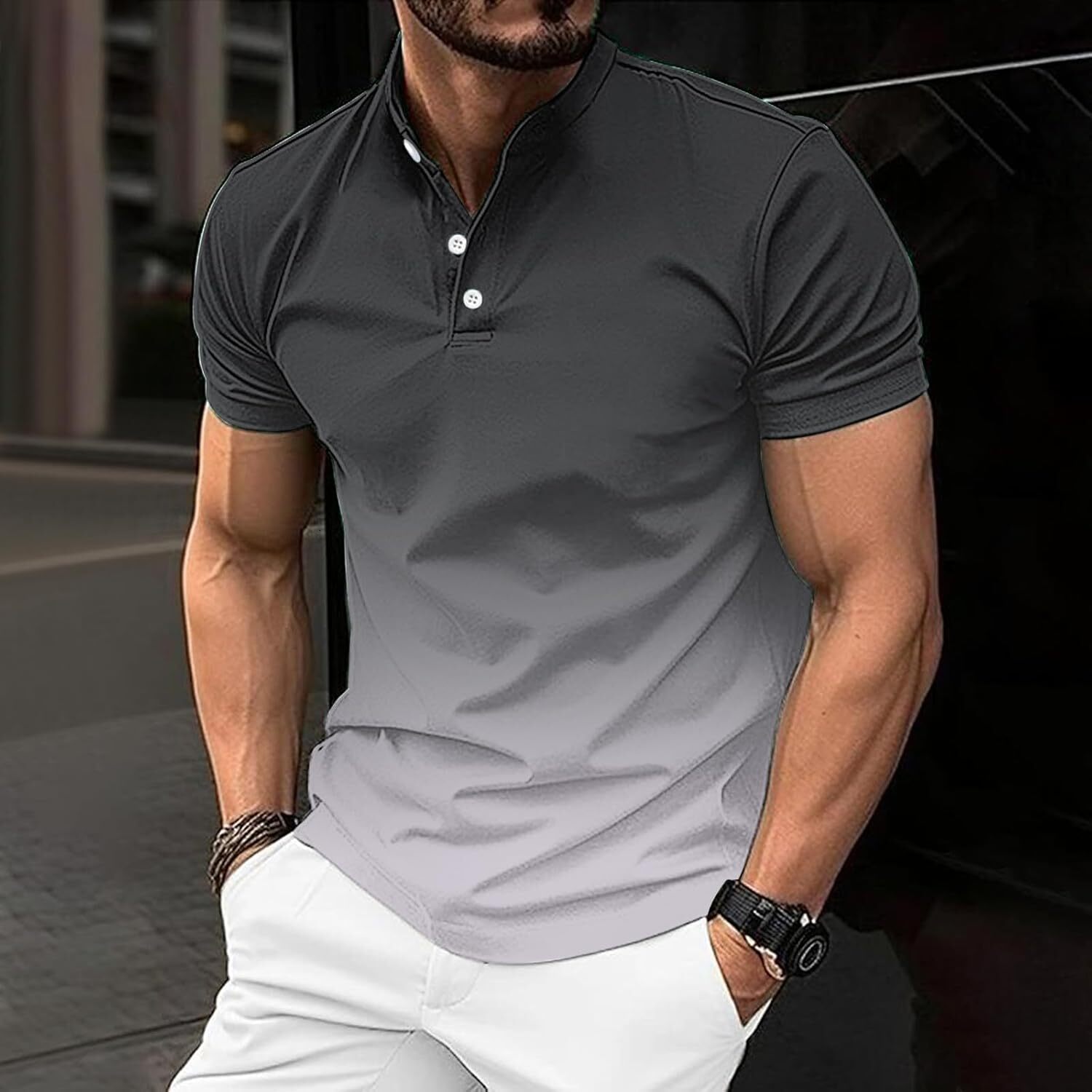 Mens Polo shirt Mens Polo Shirts Short Sleeve Gradient Color Gym Workout Golf T-Shirt Casual Fashion V Neck Button Down Tops 2025 Polos shirts tshirt