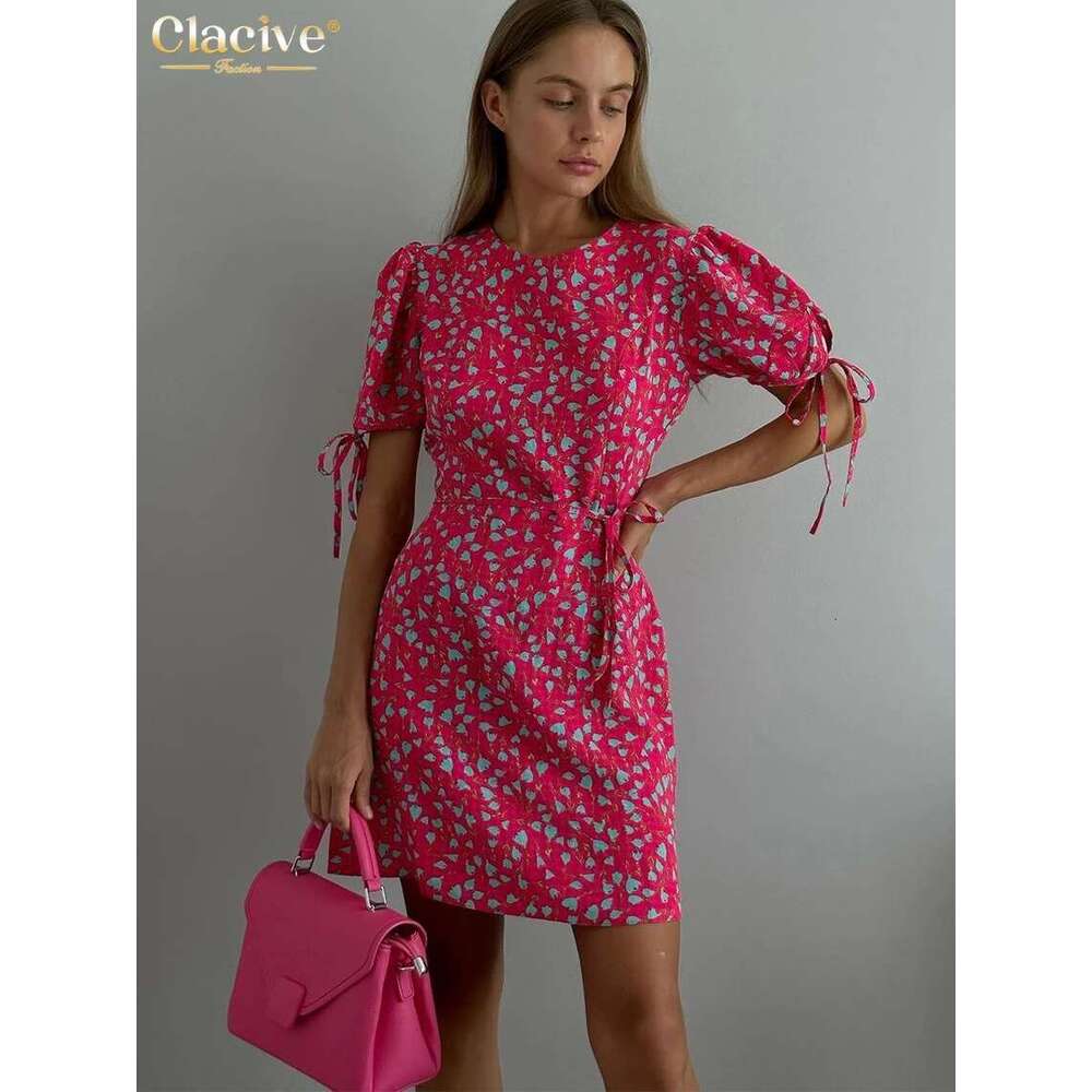 Clacive Summer Loose Print Women's Fashion O-Neck Short Sleeve Mini Dresses Elegant Classic Lace-Up Female Dress
