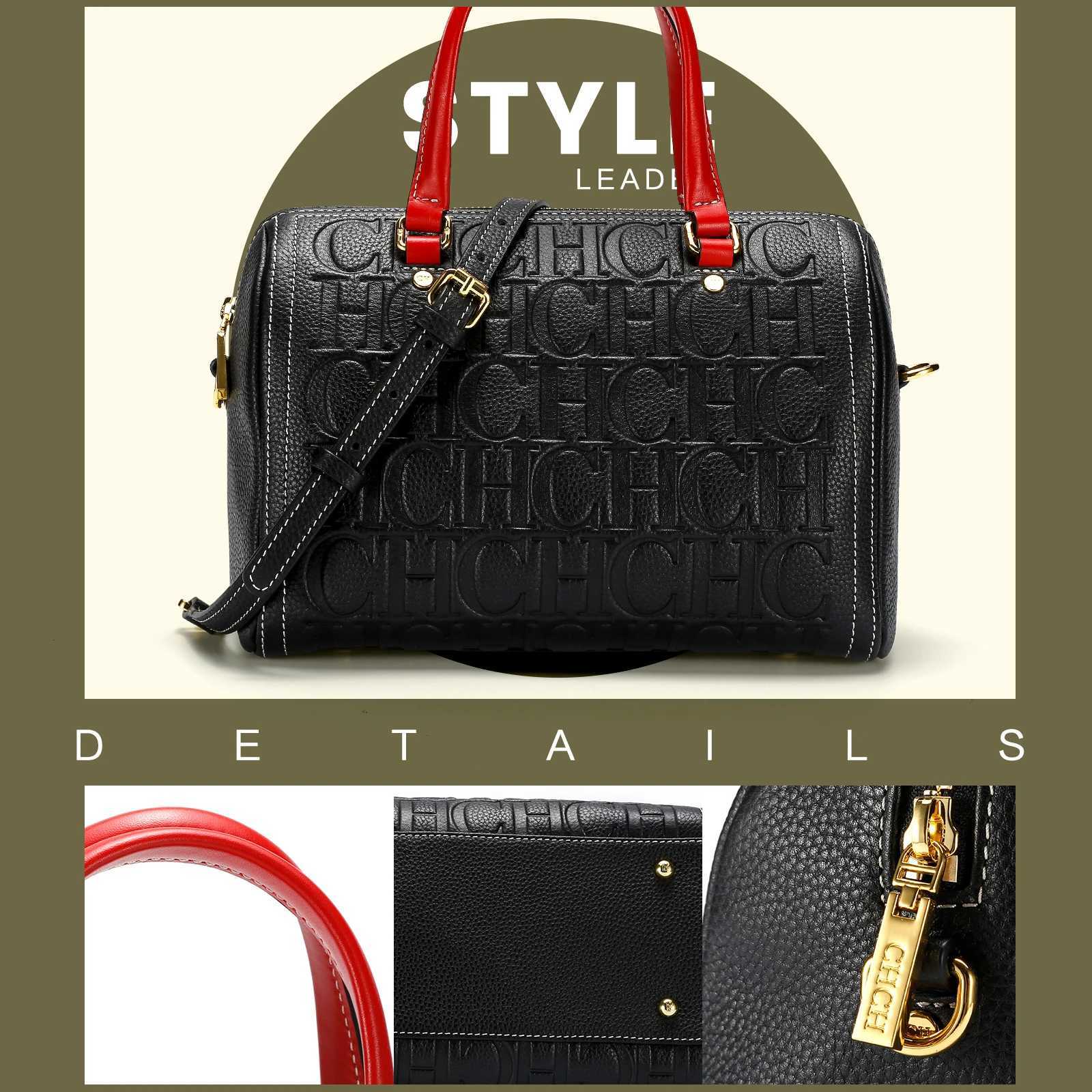 CHCH Womens Shoulder Bag 2024 New Black Cow Leather Letter Embossed Zipper Tote Bag 26*14.5*18cm Z250513