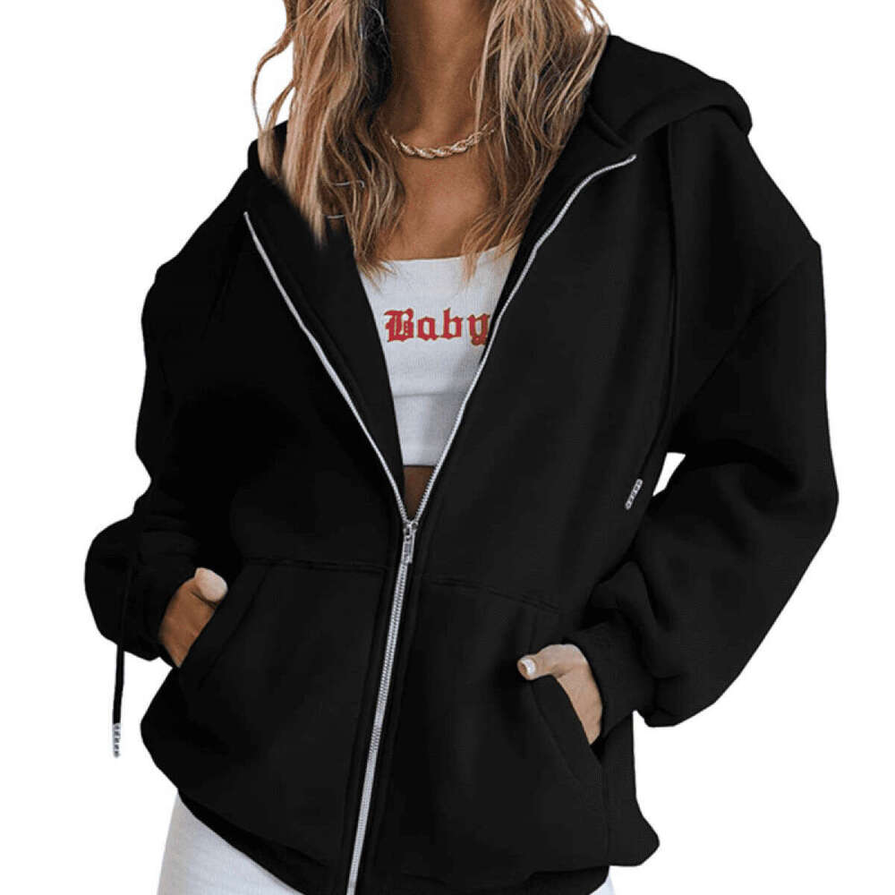 Oversize zipper solid color trendy brand loose plus size women's cardigan hoodie