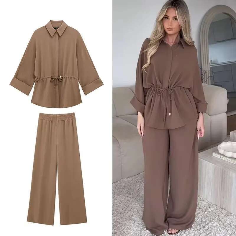 TFMLN 2025 Spring Summer Women Solid Blouse Sets Fashion Lapel Single Breasted Drawstring Top Elastic Waist Pant Outfits