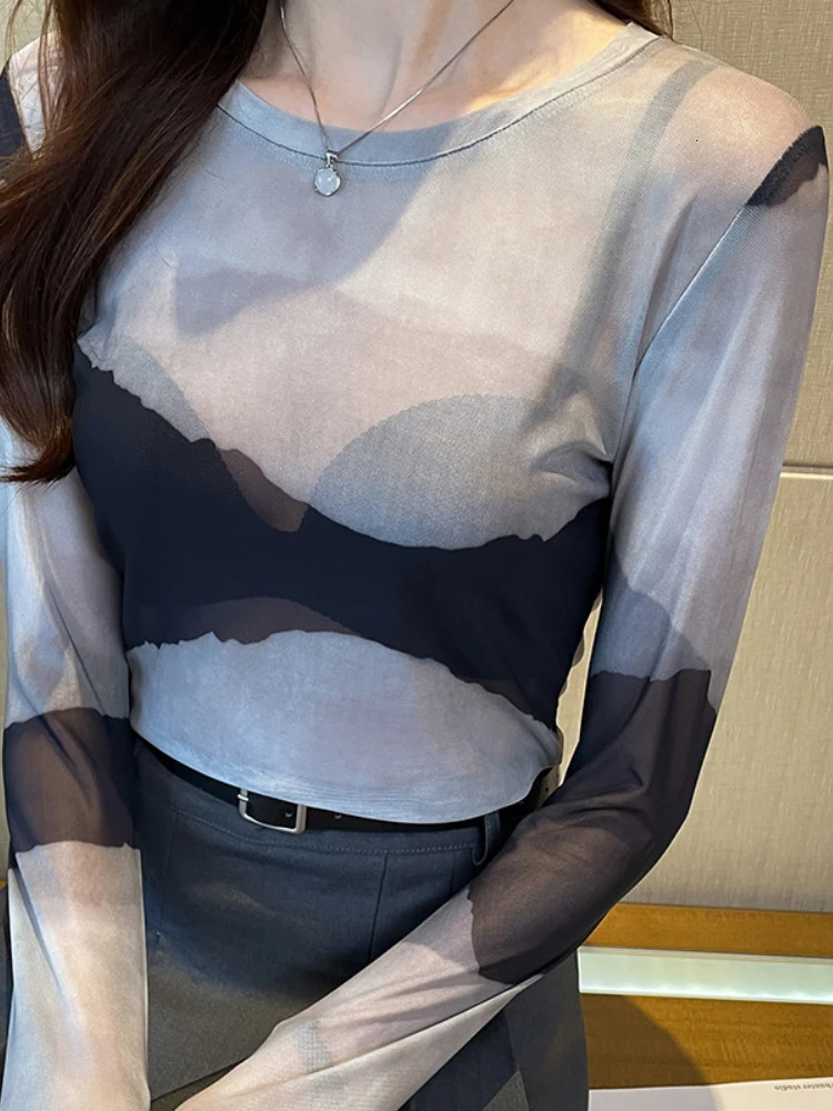 Spring Summer Womens Long Sleeve Sexy Print Mesh Top T Shirts Transparent Punk Club Streetwear Tees Beach Tops 250513
