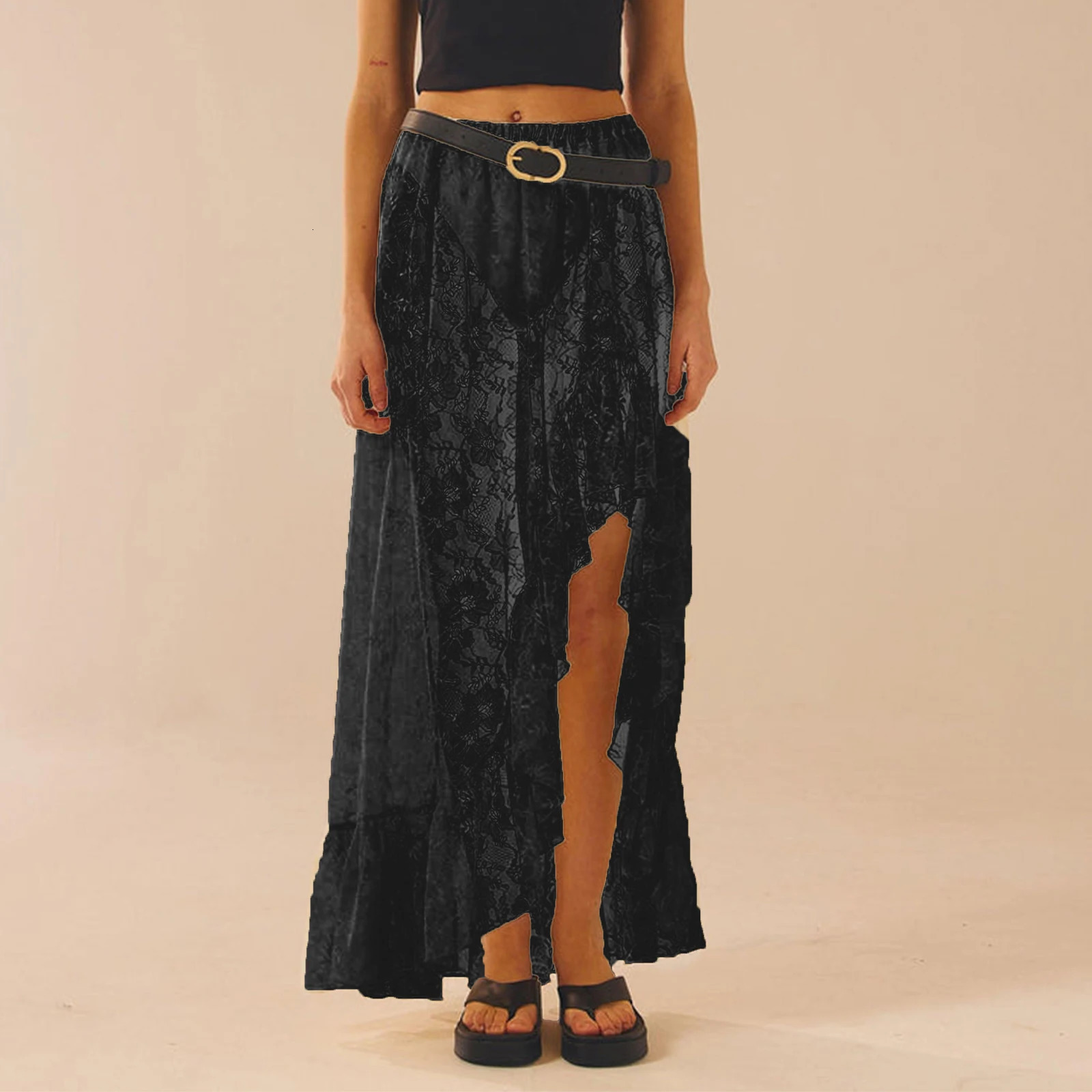 Women Asymmetrical Lace Flowy Skirts Vintage Long High Waist Ruffle Midi Aesthetic Ladies See Through Elastic 250513