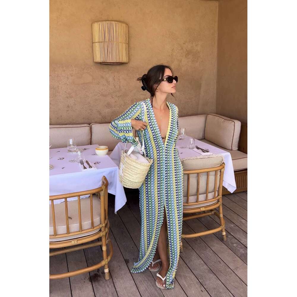 Crochet Colorful Stripe Maxi Dress Women Flare Sleeve V-neck High Split Sexy Long Dresses 2023 New Autumn Beach Banquet Vestidos