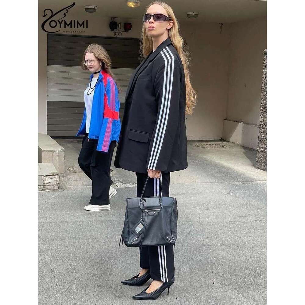 Oymimi Fashion Black Patchwork For Women 2 Pieces Elegant Long Sleeve Pockets Button Shirts And High Waist Trousers Sets