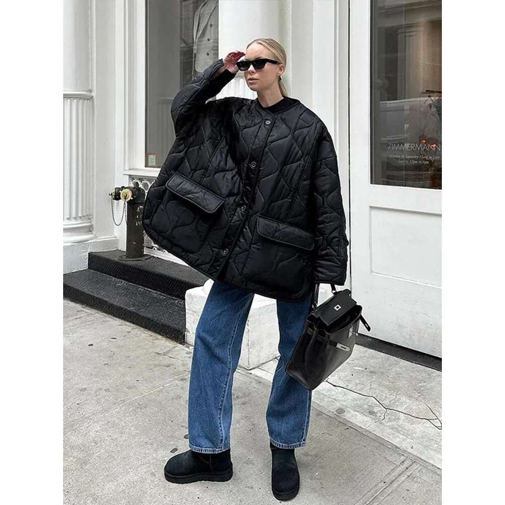 Rhomboid Pattern Women Cotton Coat Solid O-neck Irregular Striped Long Sleeve Single Breasted Female Jacket Winter Lady Overcoat