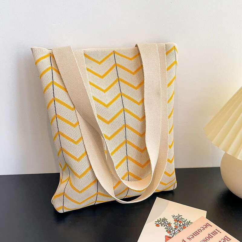 Rainbow Checkerboard Handbag Women's Handmade Knitted Woolen Bucket Japanese Casual Tote Bag Reusable Shopping Bags New