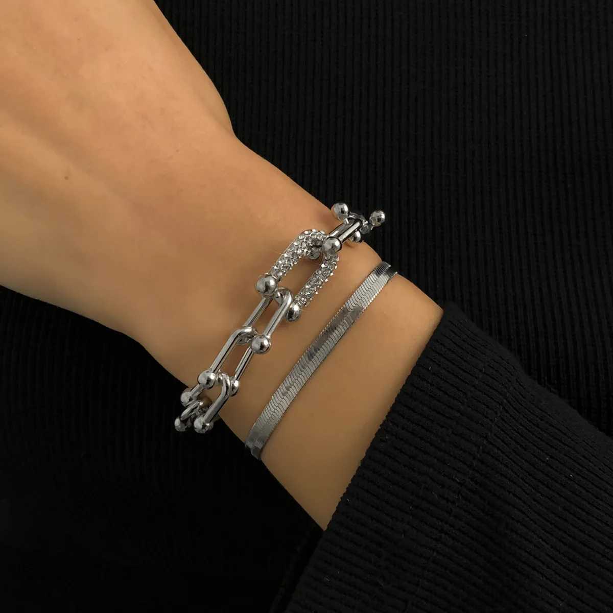 2Pcs/Set Fashion Statement Trendy Bracelet Stacking Sparkling U Link Crystal Bracelet Jewelry Gift for WomenXJ250513