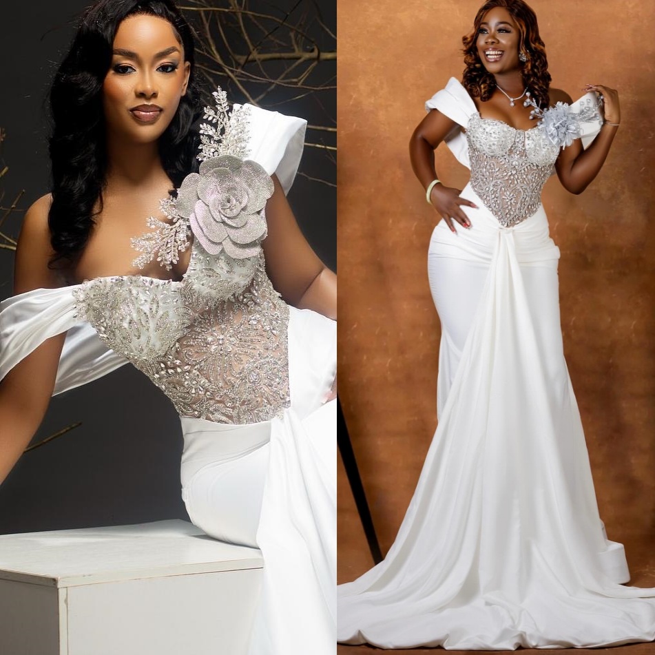 White Mermaid Plus Size Prom Dresses 2025 Flower Crystals Satin Sweetheart Evening Formal Party Second Birthday Engagement Gowns Dress For Special Occ