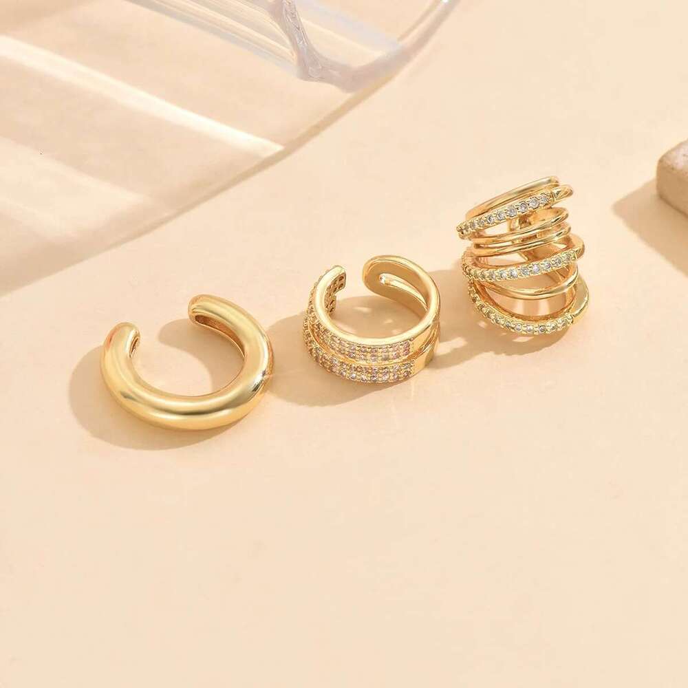 3Pcs Gold Color Zircon Earrings For Women New C Cuff Non-Piercing Ear Clip Set Trend Jewelry Gift