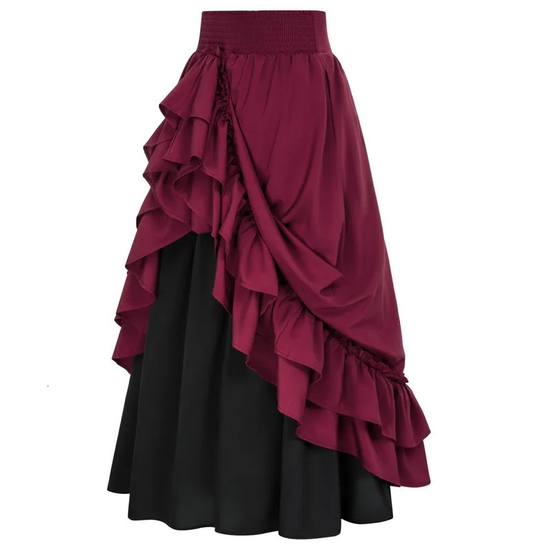Casual Dual Layer Skirt Button Renaissance Costume Women Back Double Ruffle Long Shirring Waist Elastic Band Maxi Length 250513