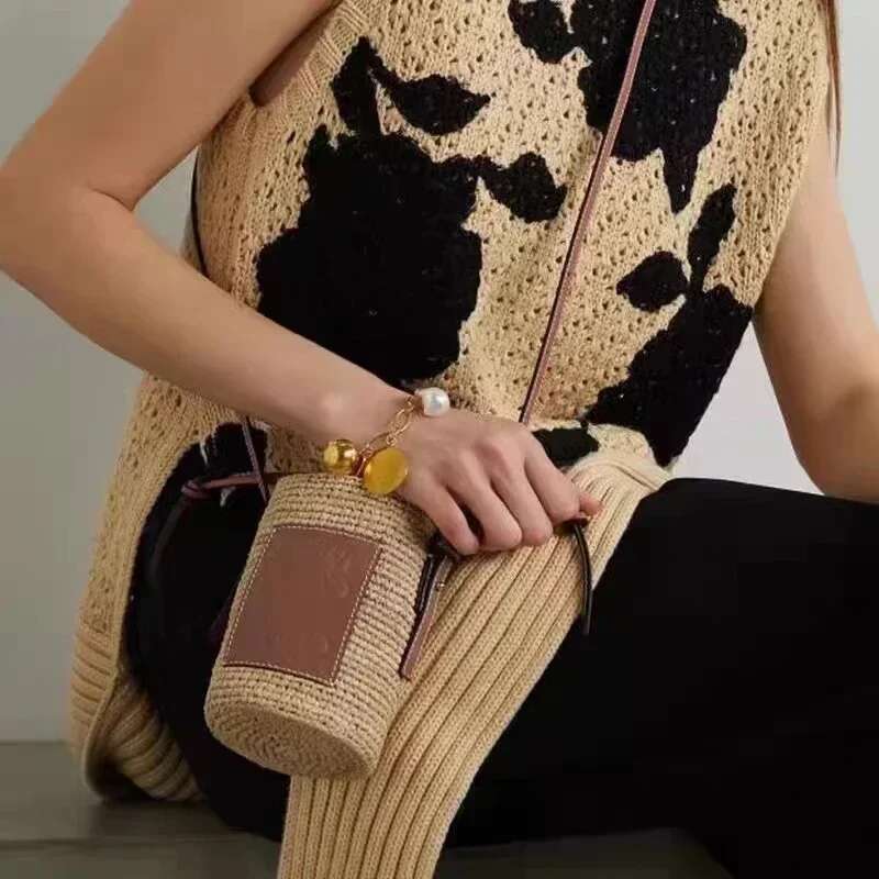 Crochet Oblique Span One Bag Protable Drawstring Handbags Round Rope Woven Women Shoulder Crossbody Bags Holiday Gifts