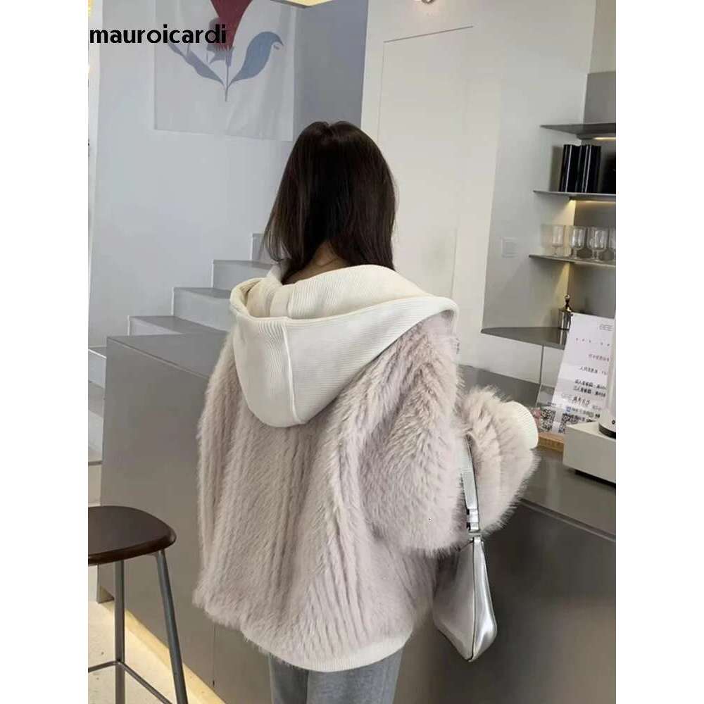 Mauroicardi Spring Winter Hairy Shaggy Soft Thick Warm Faux Fur Coat Women with Hood Fluffy Jacket Fake 2 Piece Clothes