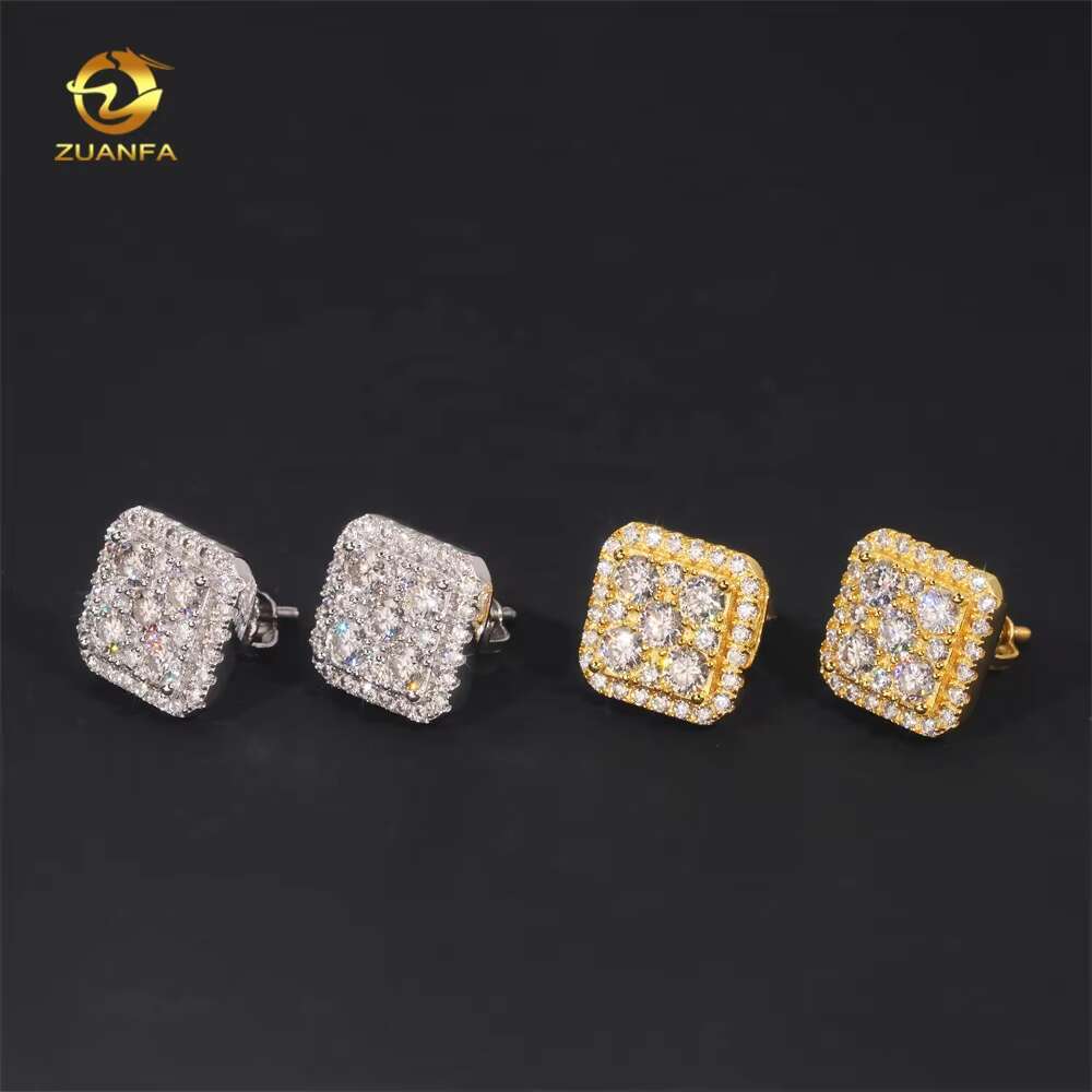Hip Hop Luxury High Quality VVS Diamond Square Iced Out Mens 925 Silver Moissanite Earrings