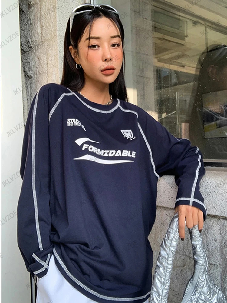 Spring Autumn Letter Print TShirt For Women Fashion ONeck Long Sleeve Sports Football Jersey Y2K Loose Oversized Tops 250513