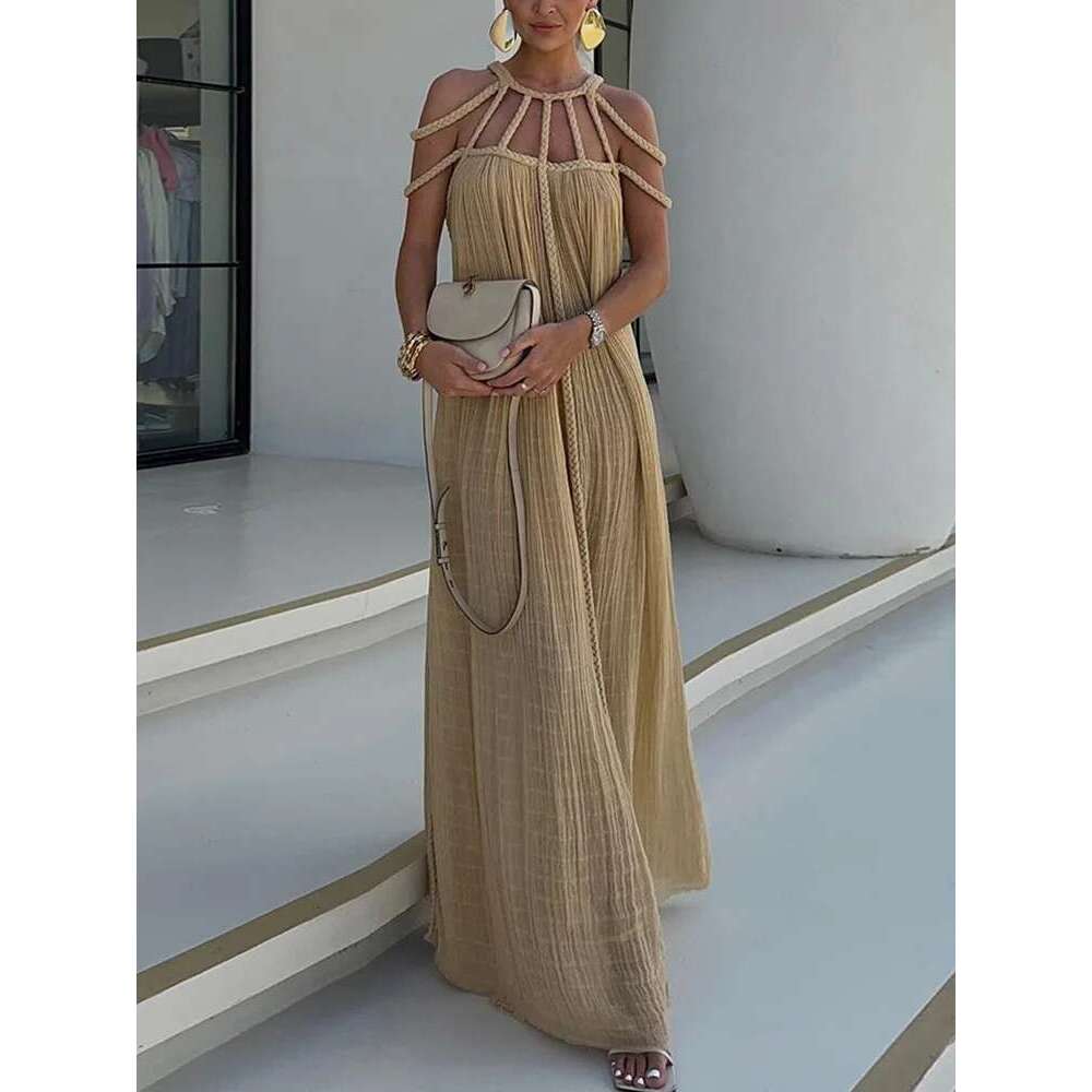 O-Neck Loungewear Hollow Out Party Women Summer Beach Style Fashion Maxi Dress, New Solid Sleeveless Elegant Ladies Dress