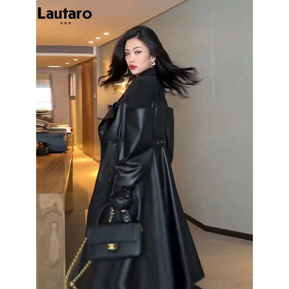 Lautaro Autumn Long Black Patchwork Pu Leather Trench Coat for Women Double Breasted Loose Stylish Designer Clothing 2023