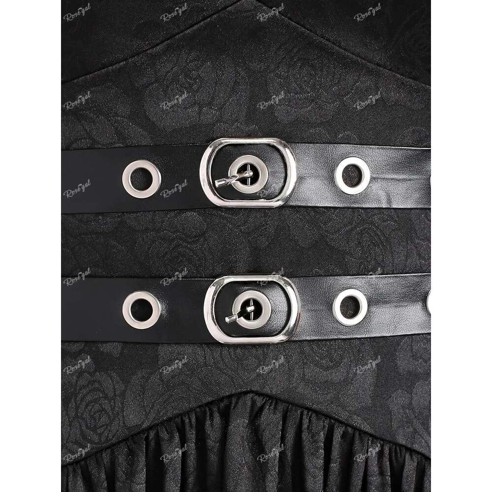 ROSEGAL Plus Size Victorian Gothic Jacquard Grommets Buckle Cross Layered Dresses Women's Punk Sleeveless Party Dress Vestidos