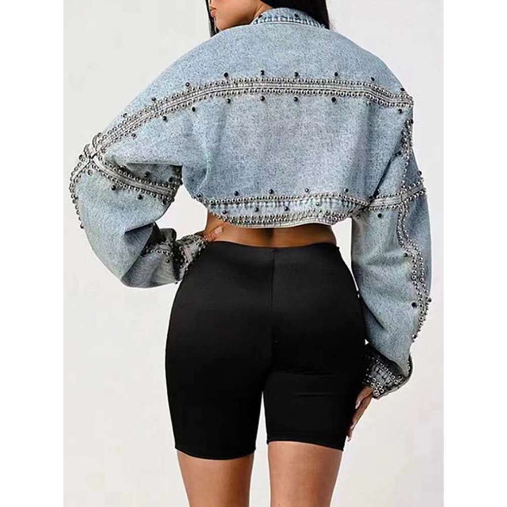 DEAT Casual Fashion Women's Denim Jackets New Solid Long Sleeve Turn-down Collar Patchwork Rivet Coat Female Summer 17A1756