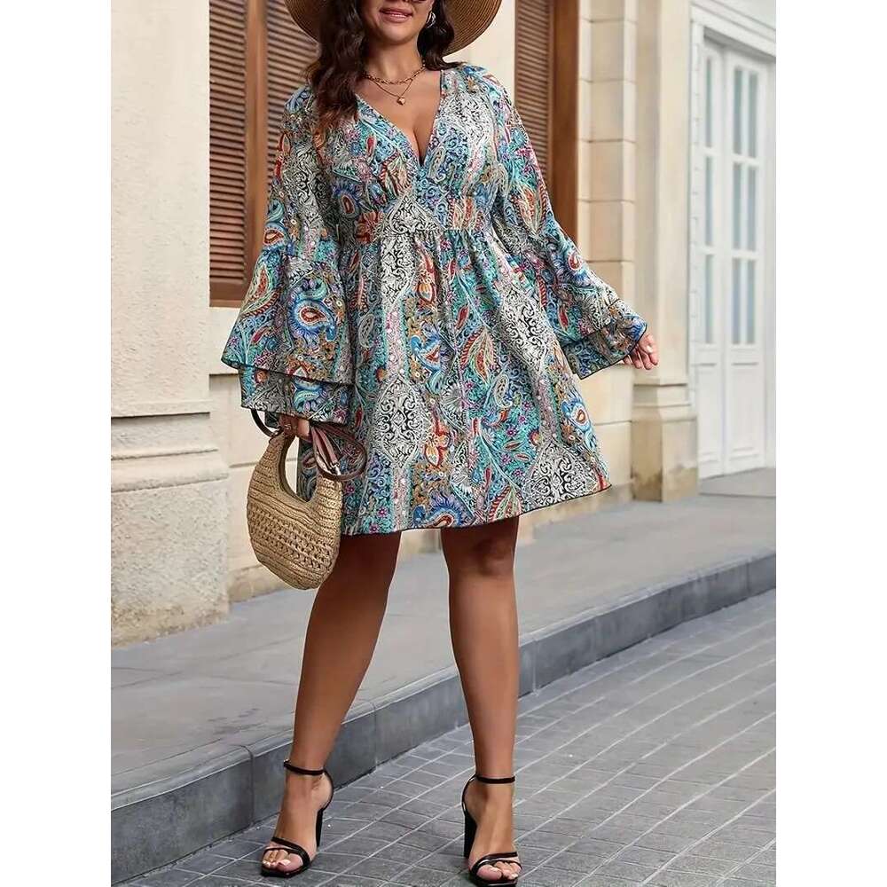 Plus Size V Neck Women Long Flare Sleeves Robe Bohemian Paisley Print A-line Dress Autumn Fall Female Elegant Clothing