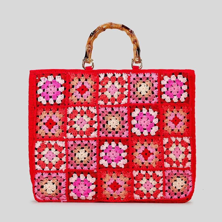 Fashion Granny Square Weave Women Handbags Behemian Knitting Bamboo Handle Large Tote Bag Candy Color Big Female Shopper Purses