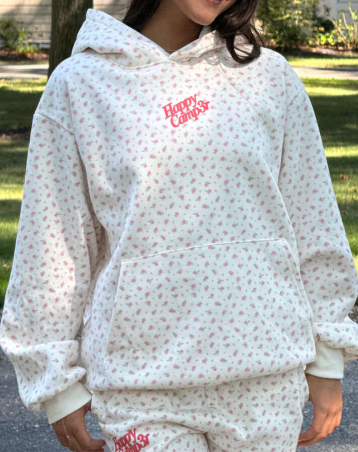 American Happy Camp3r hoodie, cute and sweet beautiful girl with floral patterns, hooded loose casual jacket, long pants