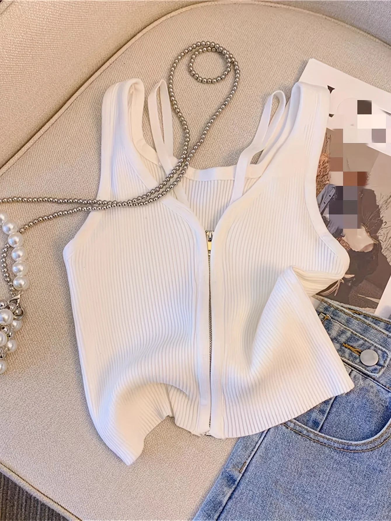 Elegant White Ribbed Knit Zip Vest Front Open VNeck Camis Womens Spring Summer Fashion Staple Crop Top womens clothing 250513