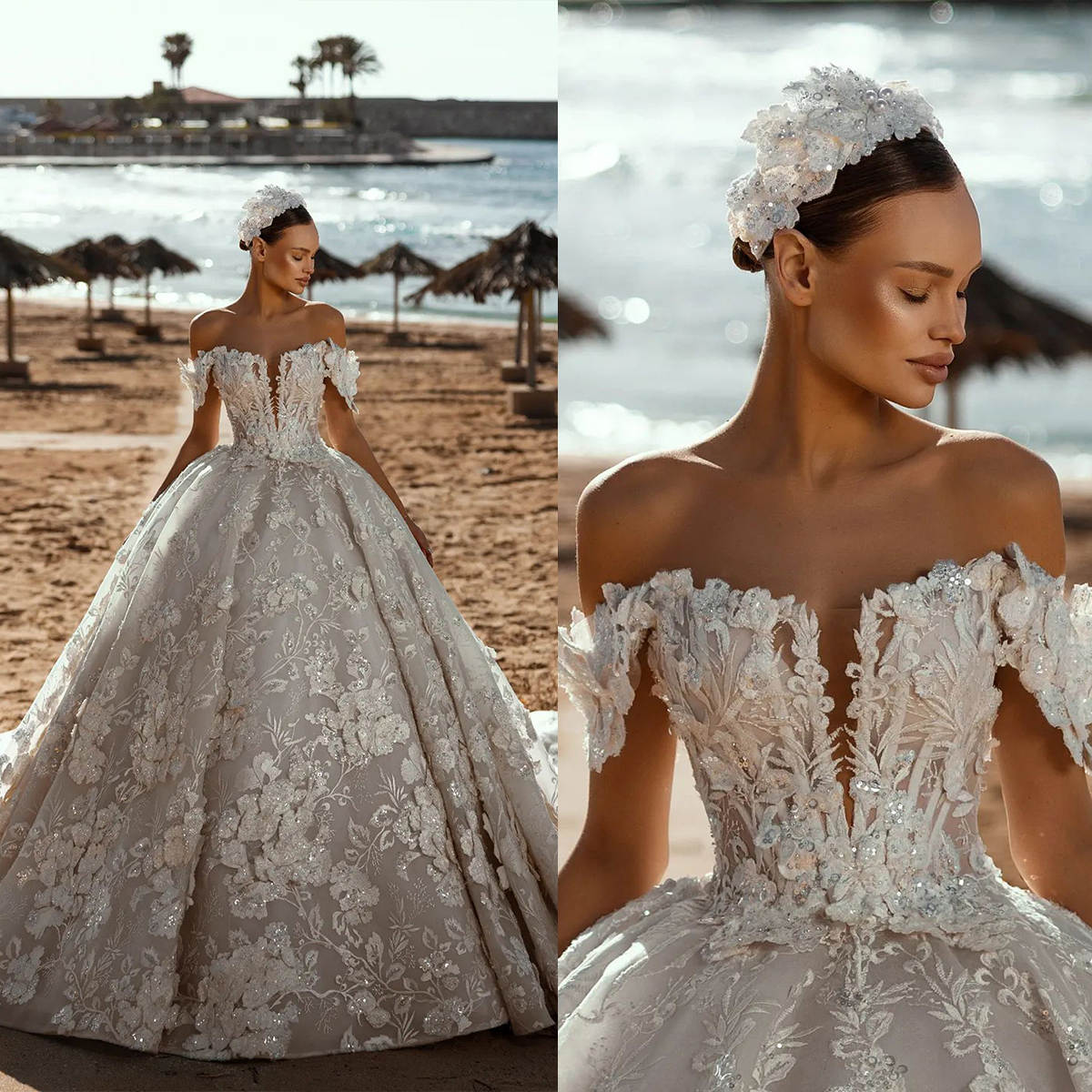 Elegant Wedding Dress For Women Off Shoulder Sleeveless Bridal Gown Sequins Appliques Sweep Train Dresses Custom Made vestidos de novia
