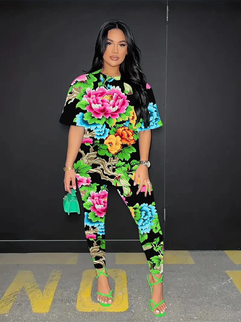 Plus Size Summer Fashion Short Sleeve Trouser 2piece Set Womens Northeast Flower 3D Printed Tshirt Breathable Clothing 250427