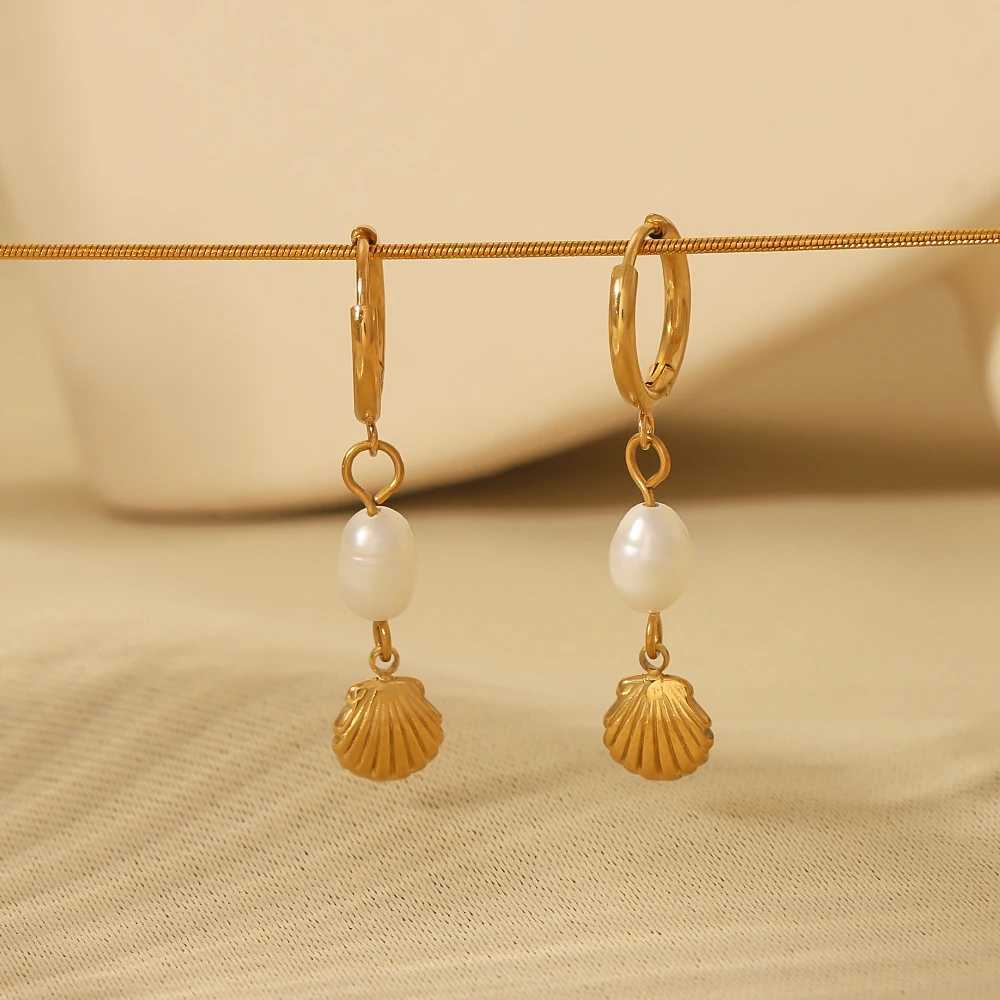 Stylish Stainless Steel Freashwater Pearl Charm Scallop Drop Handmade Chic Earrings 14k Gold Color Dangle Earrings Jewelry Y250510