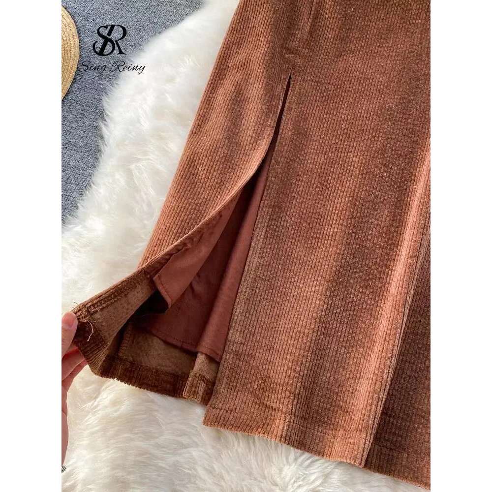 SINGREINY Women Korean Split Sexy Long Winter Corduroy Slim Thick Streetwear Fashion Vintage Autumn Bodycon Skirt