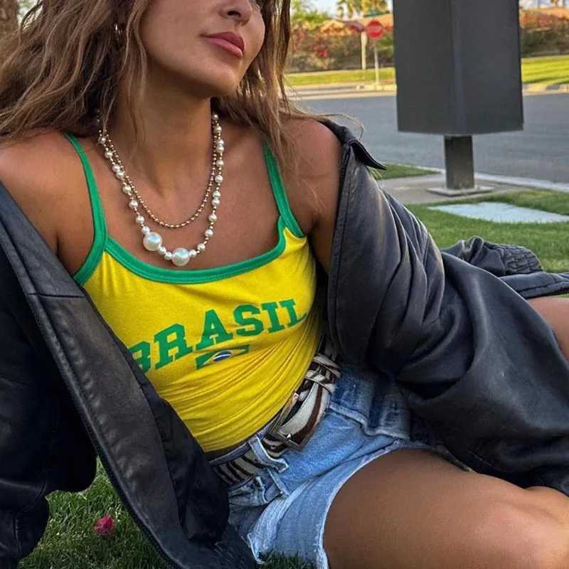 Y2k Aesthetic Brasil Graphics Yellow Camisole Vintage Gothic Clothes Punk Grunge Women Corset Tank Top Baby Tee Crop Top E-girls M250513