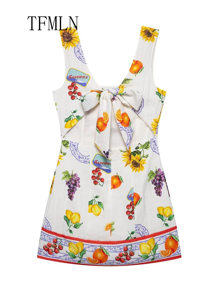 TFMLN Summer Women Back Bow Mini Dress Sweet Print Sleeveless Square Collar High Street Backless Beach Party 250513