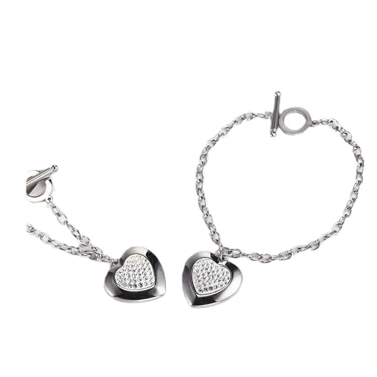 Metal Fashion Women Titanium Steel Jewelry Heart Shaped Necklace Earrings Bracelet Set Accessories